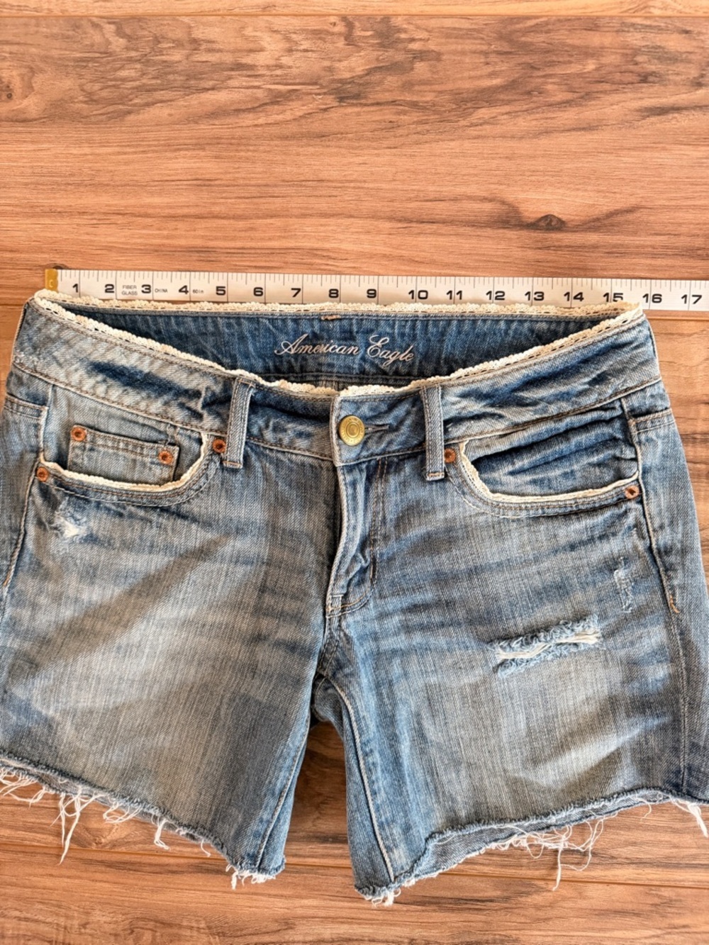 American Eagle Outfitters Light Blue Frayed Hem Denim Shorts Lace Detail - Picture 6 of 8